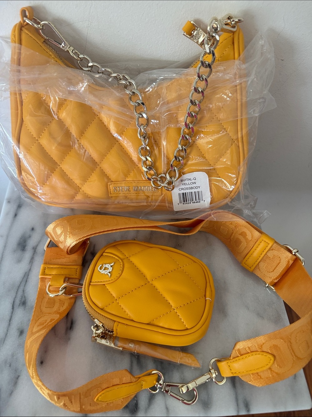 Steve Madden Quilted Yellow Crossbody Set with Chain and Pouch -New with tags